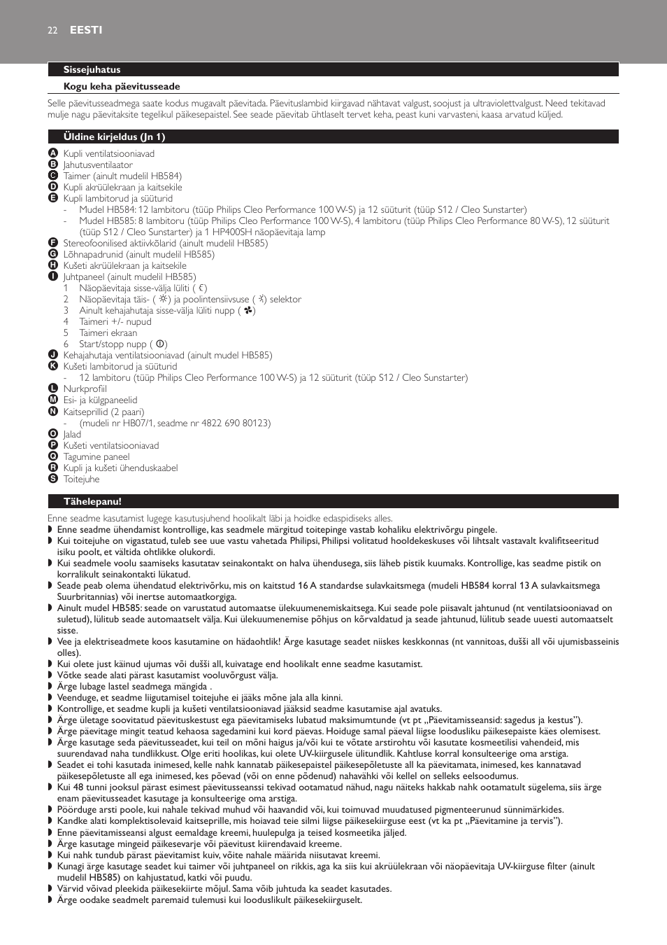 Eesti, Sissejuhatus, Kogu keha päevitusseade | Üldine kirjeldus﻿ (jn 1), Tähelepanu | Philips HB584 User Manual | Page 22 / 96