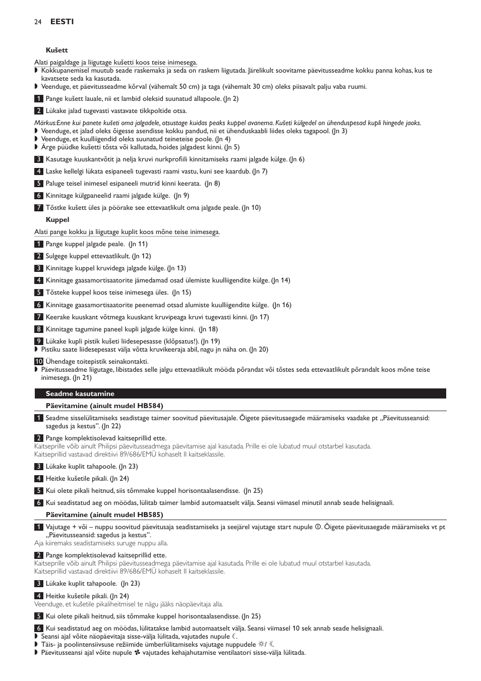 Kuppel, Seadme kasutamine, Päevitamine (ainult mudel hb584) | Päevitamine (ainult mudel hb585) | Philips HB584 User Manual | Page 24 / 96