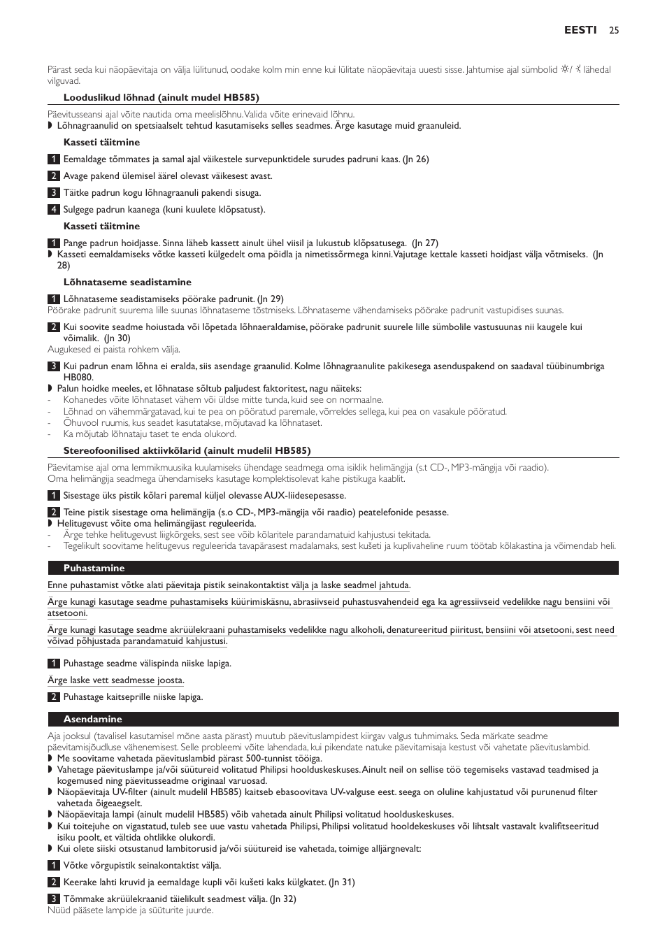 Looduslikud lõhnad (ainult mudel hb585), Kasseti täitmine, Lõhnataseme seadistamine | Puhastamine, Asendamine | Philips HB584 User Manual | Page 25 / 96