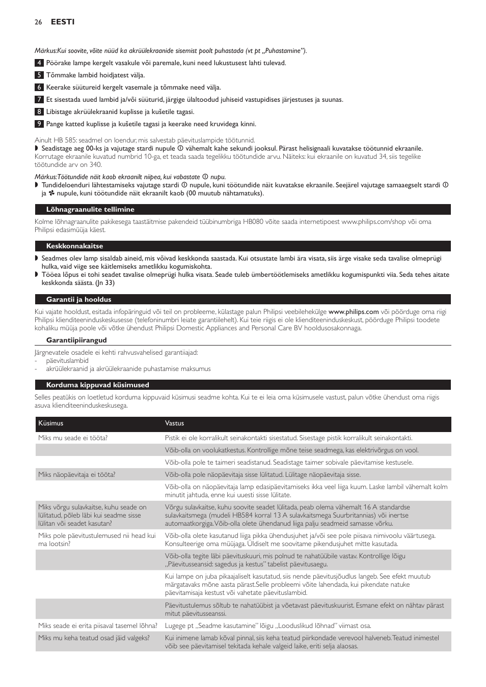 Lõhnagraanulite tellimine, Keskkonnakaitse, Garantii ja hooldus | Garantiipiirangud, Korduma kippuvad küsimused | Philips HB584 User Manual | Page 26 / 96