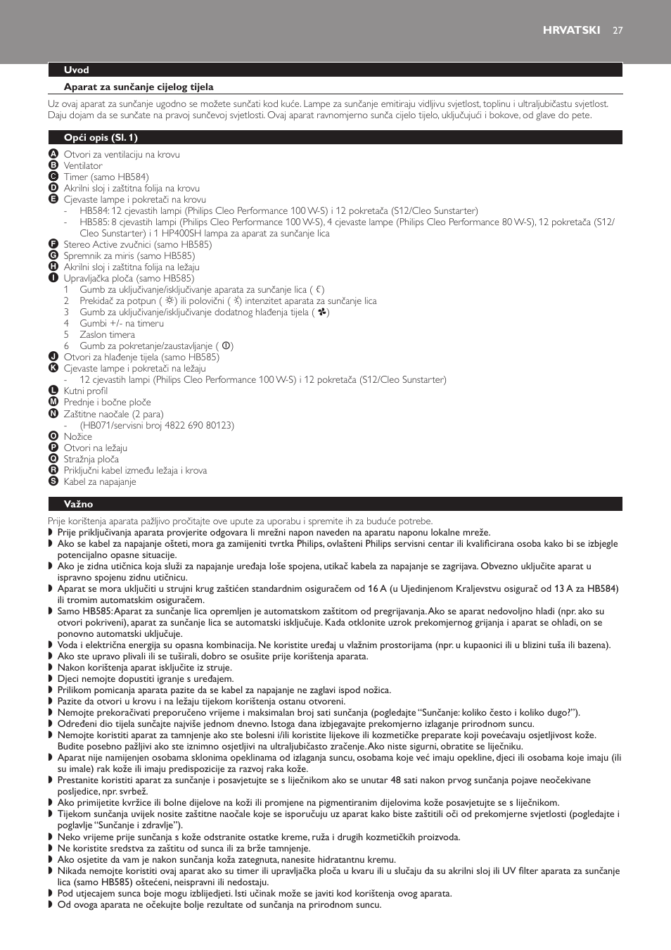 Hrvatski, Uvod, Aparat za sunčanje cijelog tijela | Opći opis﻿ (sl. 1), Važno | Philips HB584 User Manual | Page 27 / 96