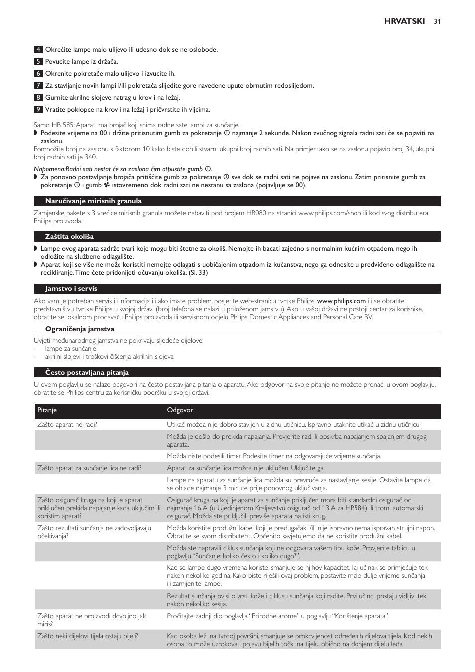 Naručivanje mirisnih granula, Zaštita okoliša, Jamstvo i servis | Ograničenja jamstva, Često postavljana pitanja | Philips HB584 User Manual | Page 31 / 96