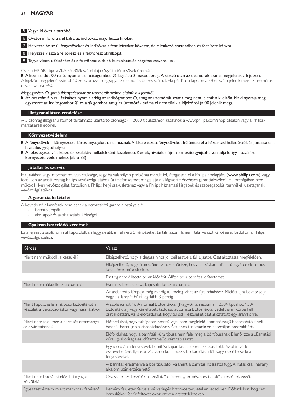 Illatgranulátum rendelése, Környezetvédelem, Jótállás és szerviz | A garancia feltételei, Gyakran ismétlődő kérdések | Philips HB584 User Manual | Page 36 / 96