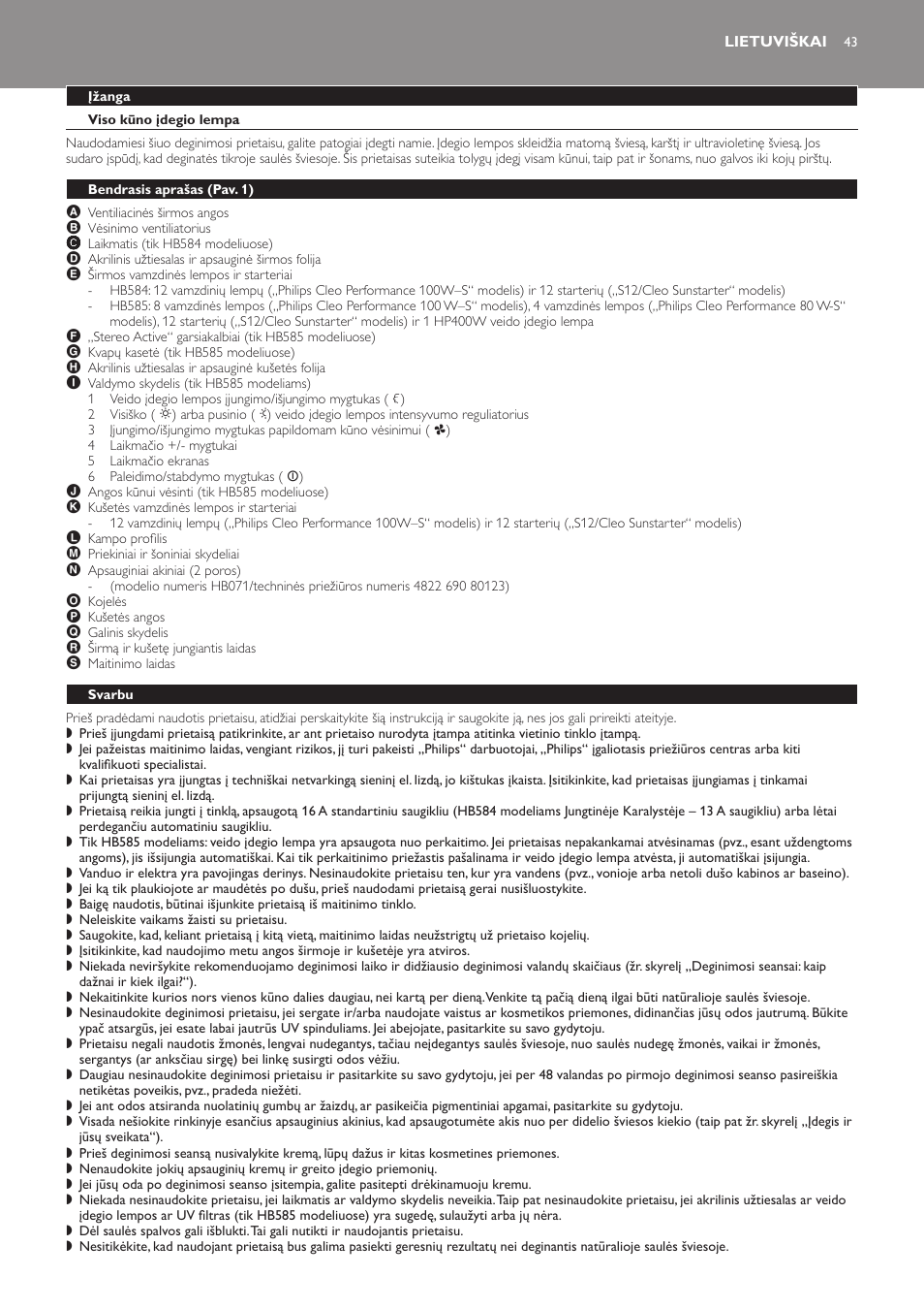 Lietuviškai, Įžanga, Viso kūno įdegio lempa | Bendrasis aprašas﻿ (pav. 1), Svarbu | Philips HB584 User Manual | Page 43 / 96