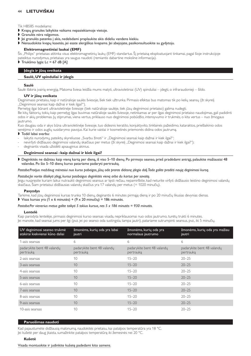 Elektromagnetiniai laukai (emf), Įdegis ir jūsų sveikata, Saulė, uv spinduliai ir įdegis | Saulė, Uv ir jūsų sveikata, Deginimosi seansai : kaip dažnai ir kiek ilgai, Pavyzdys, Lentelė, Kušetė, Paruošimas naudoti | Philips HB584 User Manual | Page 44 / 96