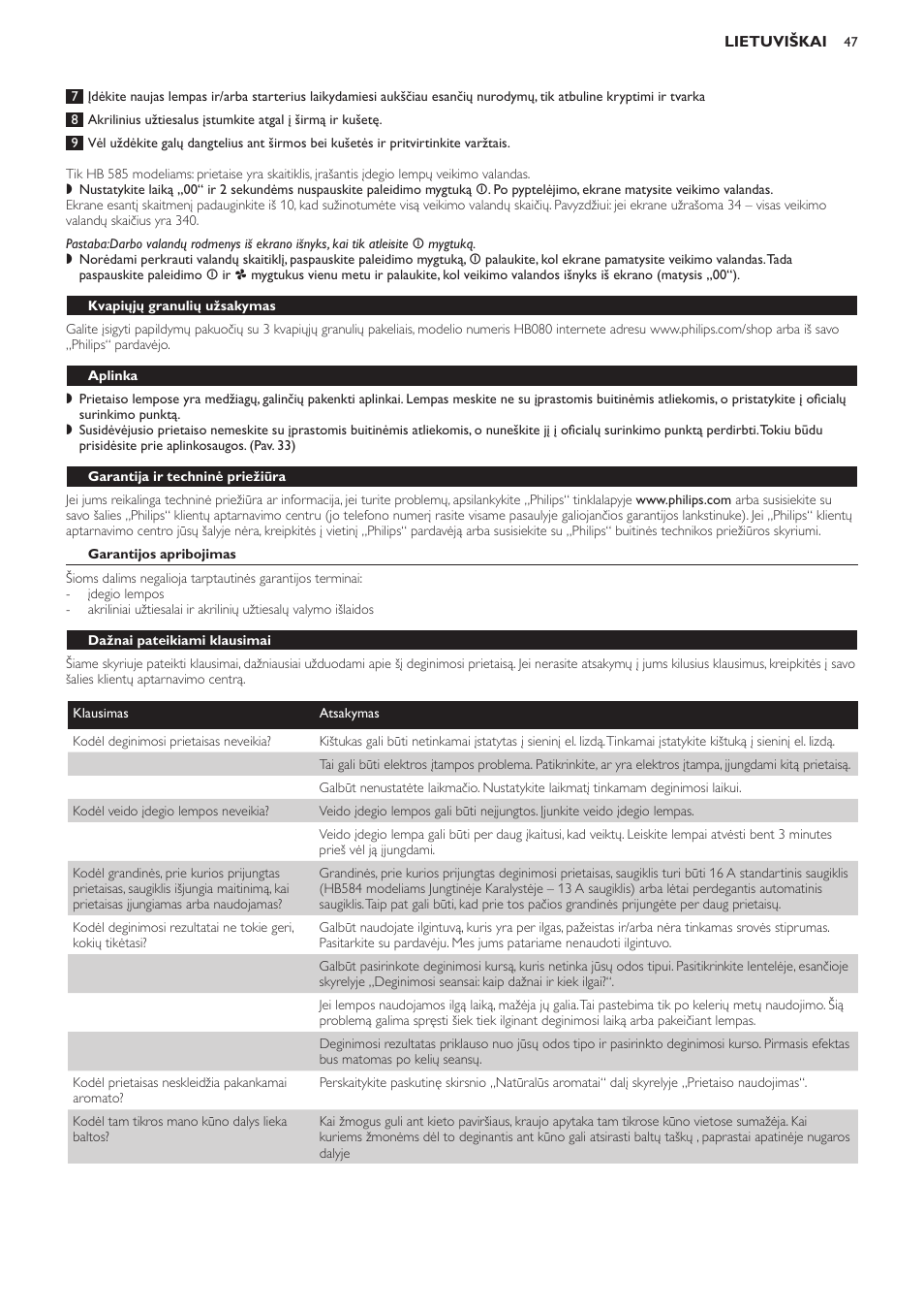 Kvapiųjų granulių užsakymas, Aplinka, Garantija ir techninė priežiūra | Garantijos apribojimas, Dažnai pateikiami klausimai | Philips HB584 User Manual | Page 47 / 96