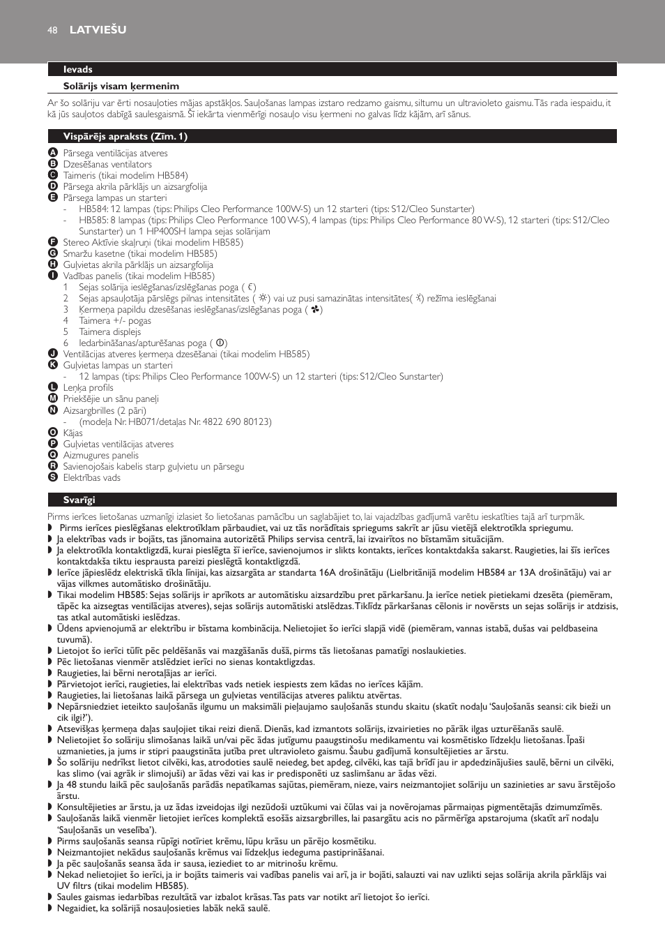 Latviešu, Ievads, Solārijs visam ķermenim | Vispārējs apraksts﻿ (zīm. 1), Svarīgi | Philips HB584 User Manual | Page 48 / 96