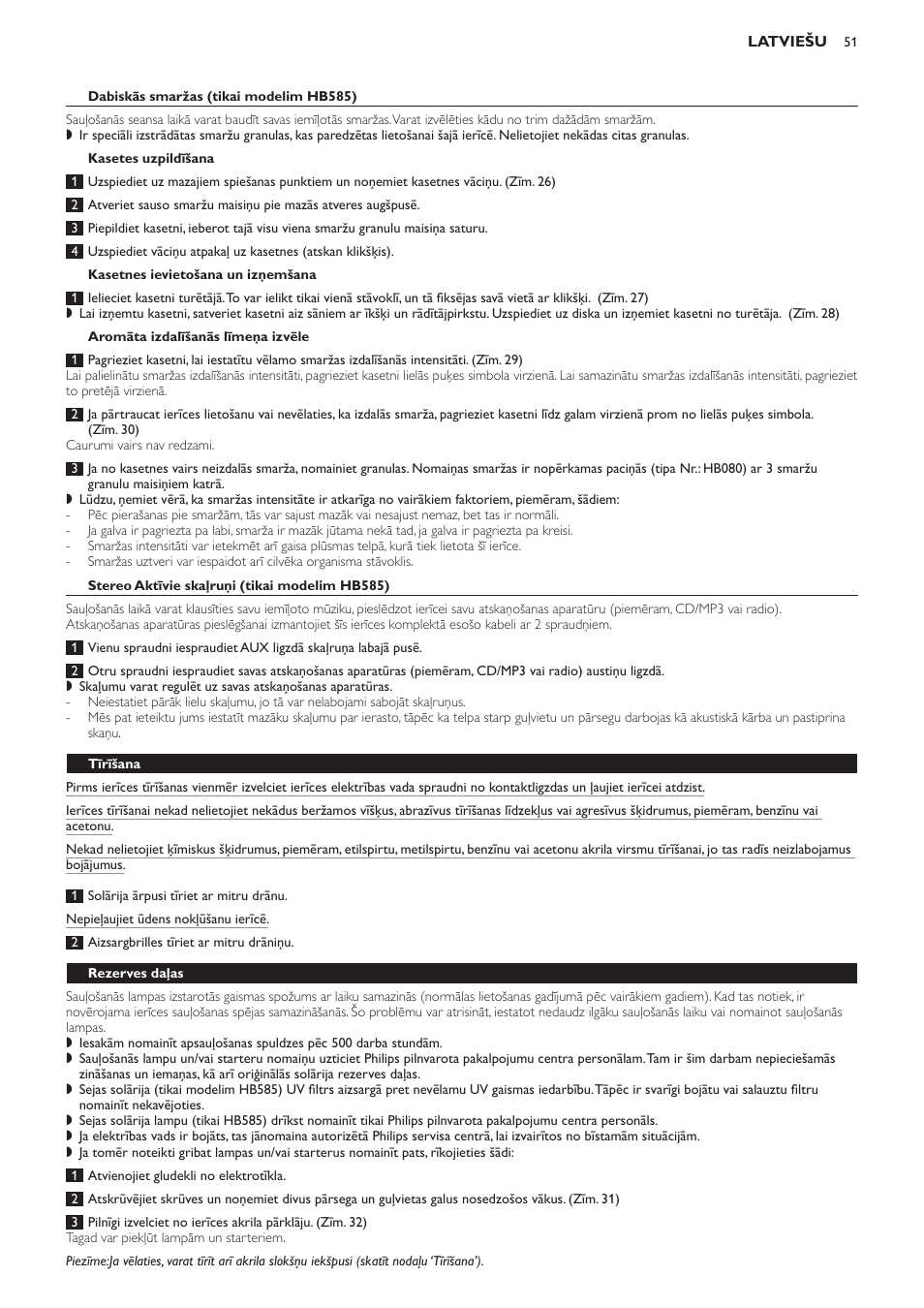 Dabiskās smaržas (tikai modelim hb585), Kasetes uzpildīšana, Kasetnes ievietošana un izņemšana | Aromāta izdalīšanās līmeņa izvēle, Stereo aktīvie skaļruņi (tikai modelim hb585), Tīrīšana, Rezerves daļas | Philips HB584 User Manual | Page 51 / 96