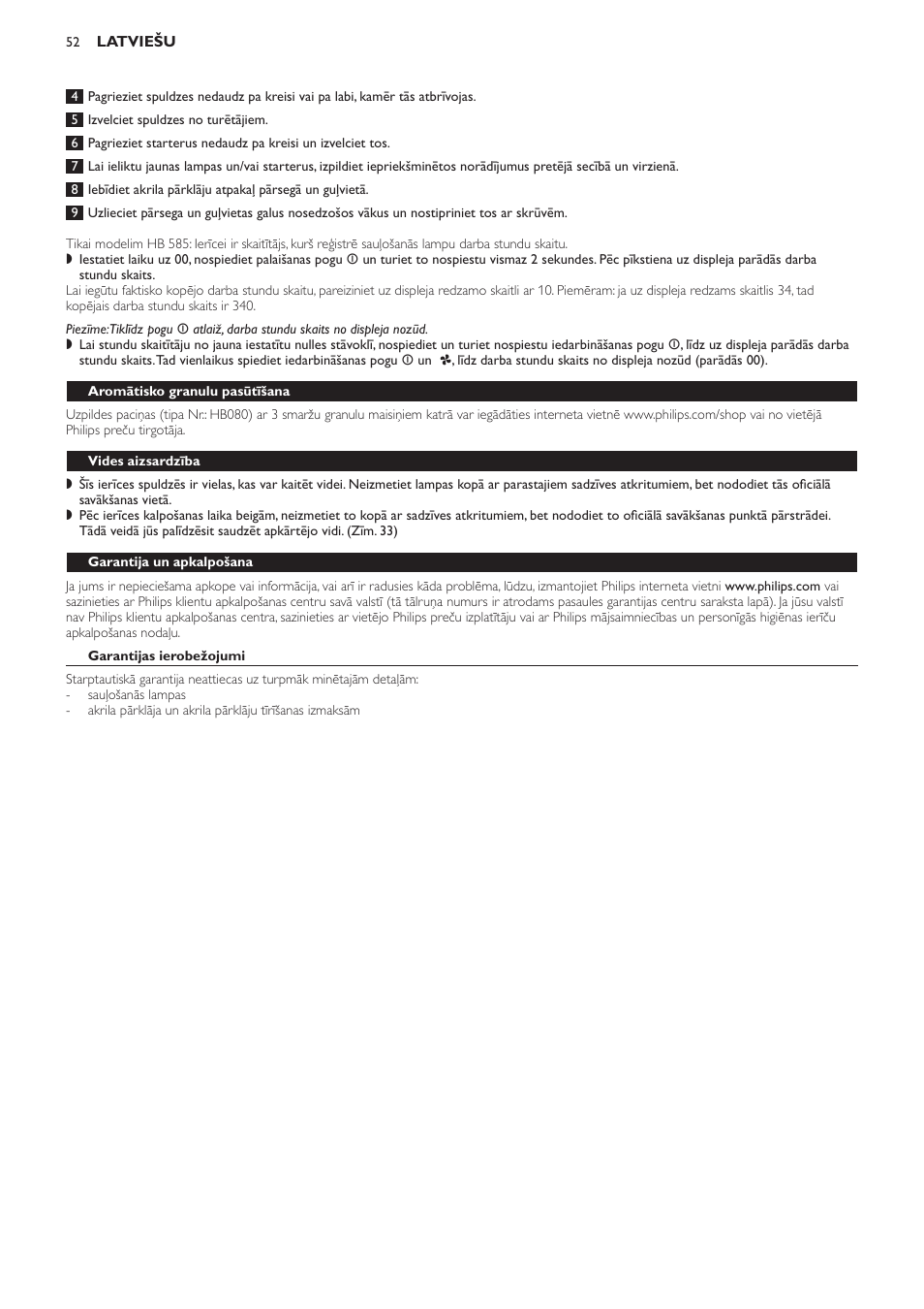 Aromātisko granulu pasūtīšana, Vides aizsardzība, Garantija un apkalpošana | Garantijas ierobežojumi, Visbiežāk uzdotie jautājumi | Philips HB584 User Manual | Page 52 / 96
