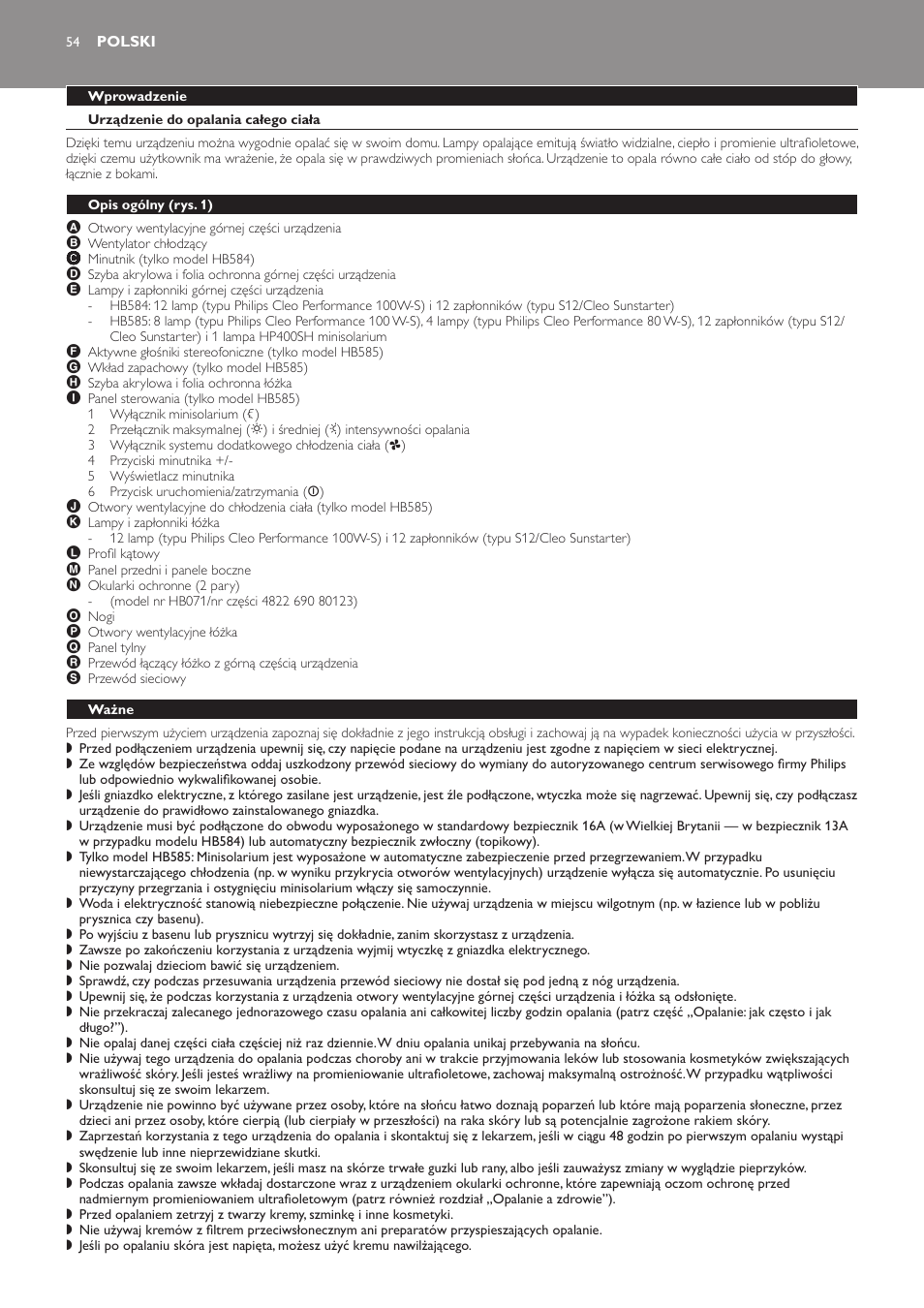 Polski, Wprowadzenie, Urządzenie do opalania całego ciała | Opis ogólny﻿ (rys. 1), Ważne | Philips HB584 User Manual | Page 54 / 96