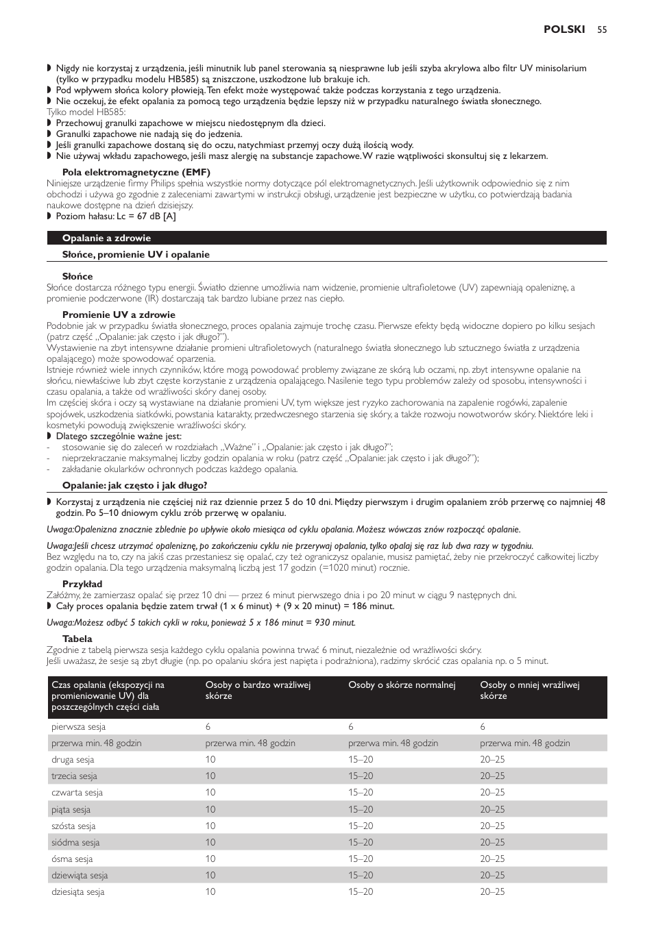 Pola elektromagnetyczne (emf), Opalanie a zdrowie, Słońce, promienie uv i opalanie | Słońce, Promienie uv a zdrowie, Opalanie: jak często i jak długo, Przykład, Tabela | Philips HB584 User Manual | Page 55 / 96