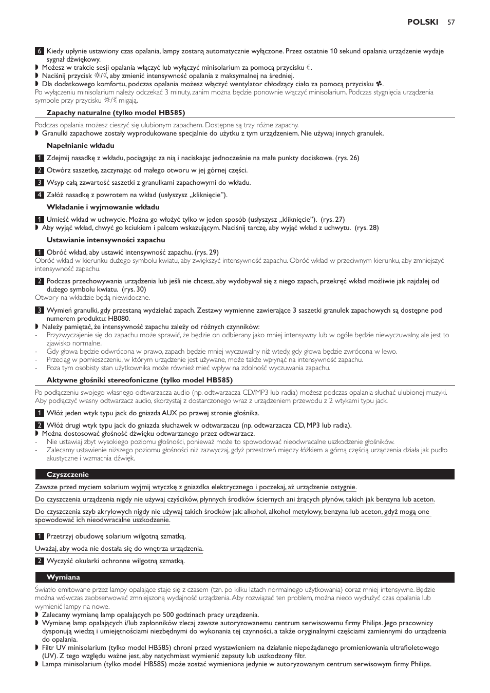 Zapachy naturalne (tylko model hb585), Napełnianie wkładu, Wkładanie i wyjmowanie wkładu | Ustawianie intensywności zapachu, Czyszczenie, Wymiana | Philips HB584 User Manual | Page 57 / 96