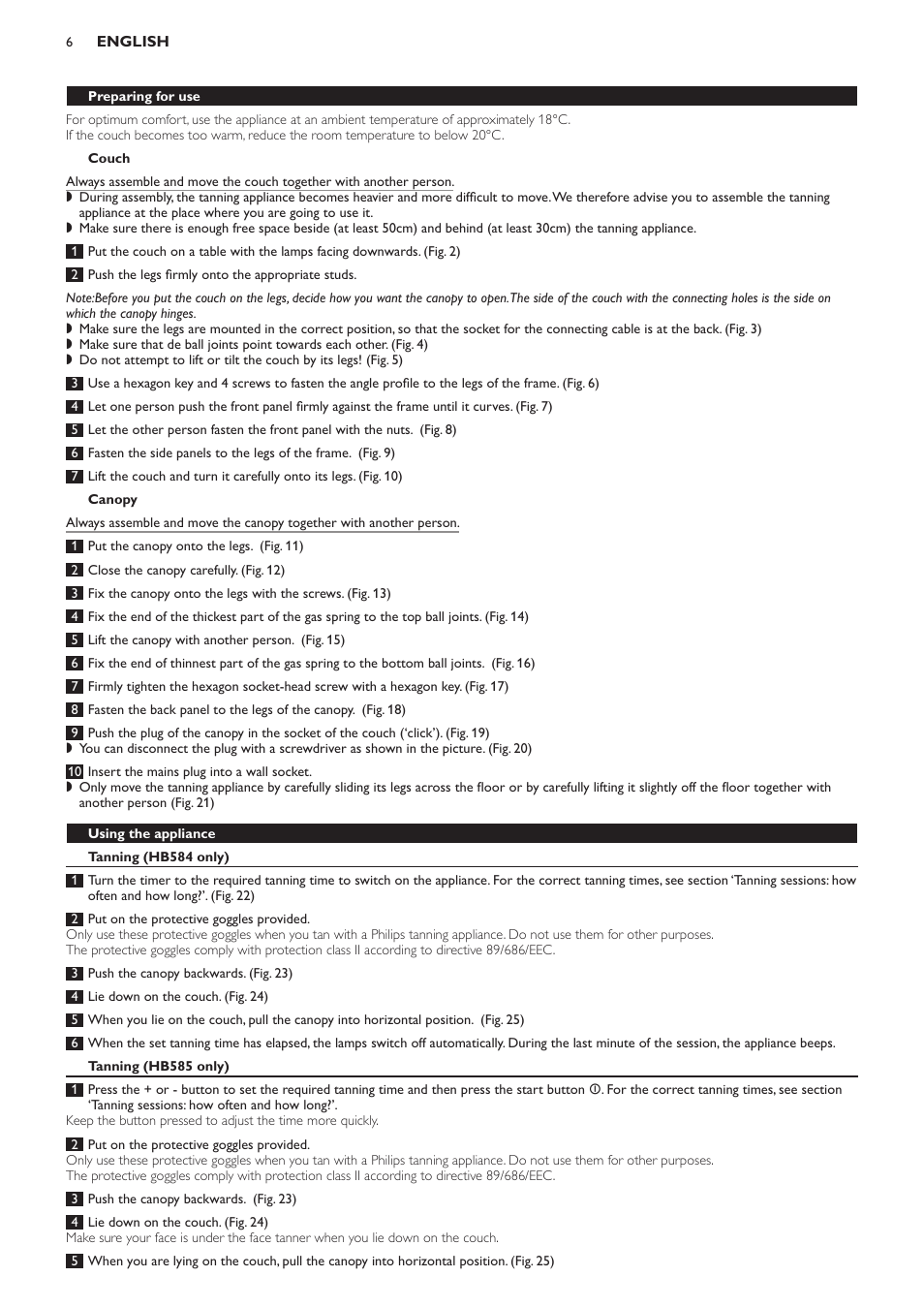 Couch, Canopy, Using the appliance | Tanning (hb584 only), Tanning (hb585 only) | Philips HB584 User Manual | Page 6 / 96