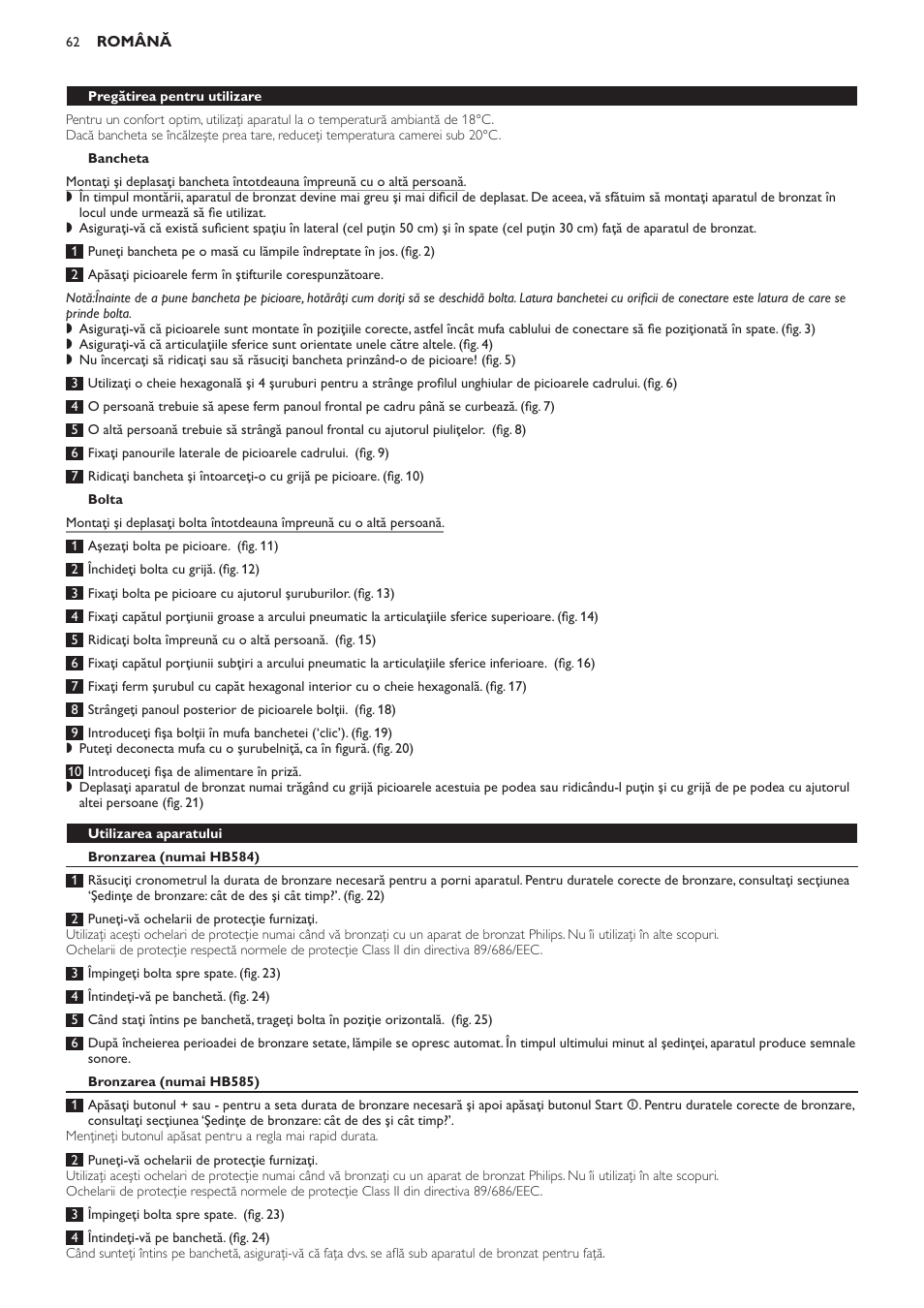 Bancheta, Bolta, Pregătirea pentru utilizare | Utilizarea aparatului, Bronzarea (numai hb584), Bronzarea (numai hb585) | Philips HB584 User Manual | Page 62 / 96