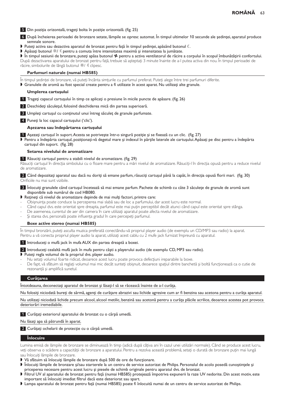 Parfumuri naturale (numai hb585), Umplerea cartuşului, Aşezarea sau îndepărtarea cartuşului | Setarea nivelului de aromatizare, Boxe active stereo (numai hb585), Curăţarea, Înlocuire | Philips HB584 User Manual | Page 63 / 96