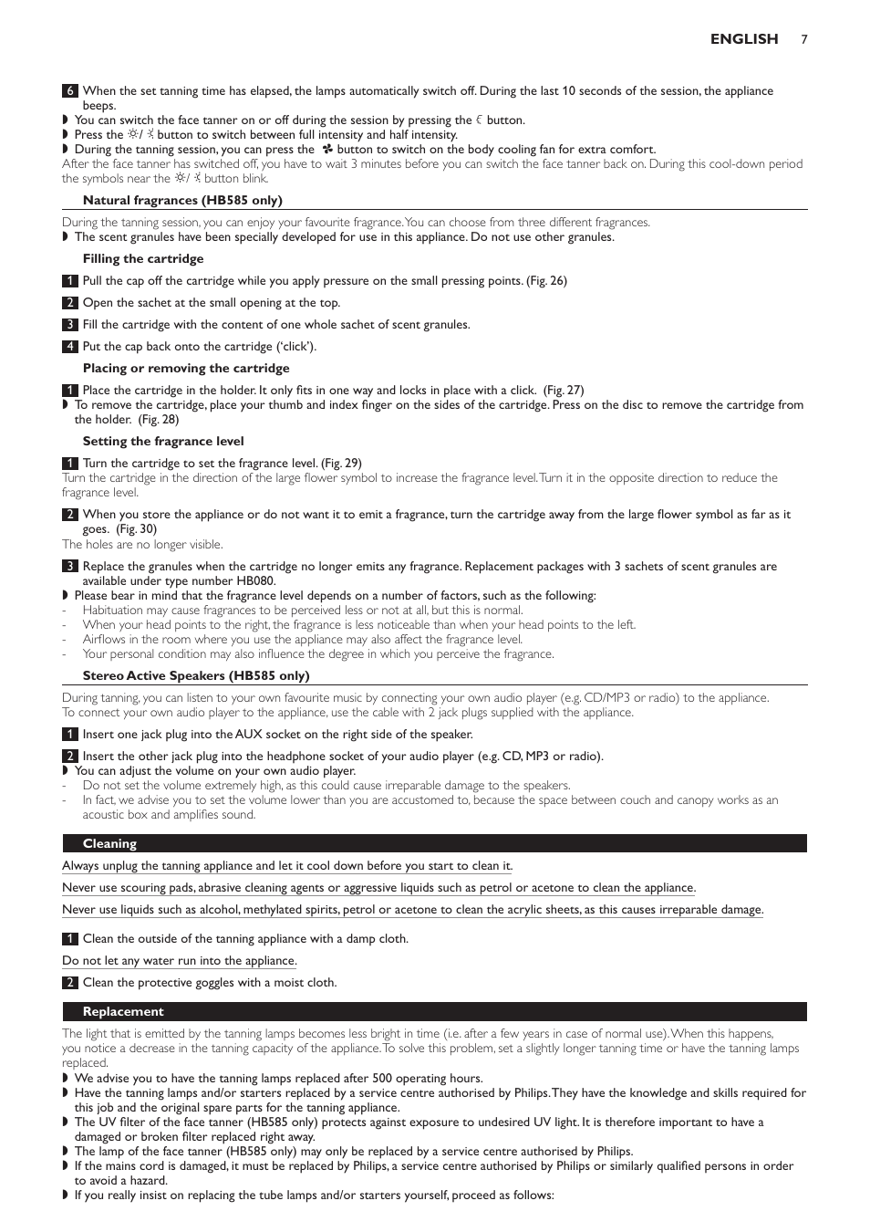 Natural fragrances (hb585 only), Filling the cartridge, Placing or removing the cartridge | Setting the fragrance level, Stereo active speakers (hb585 only), Cleaning, Replacement | Philips HB584 User Manual | Page 7 / 96