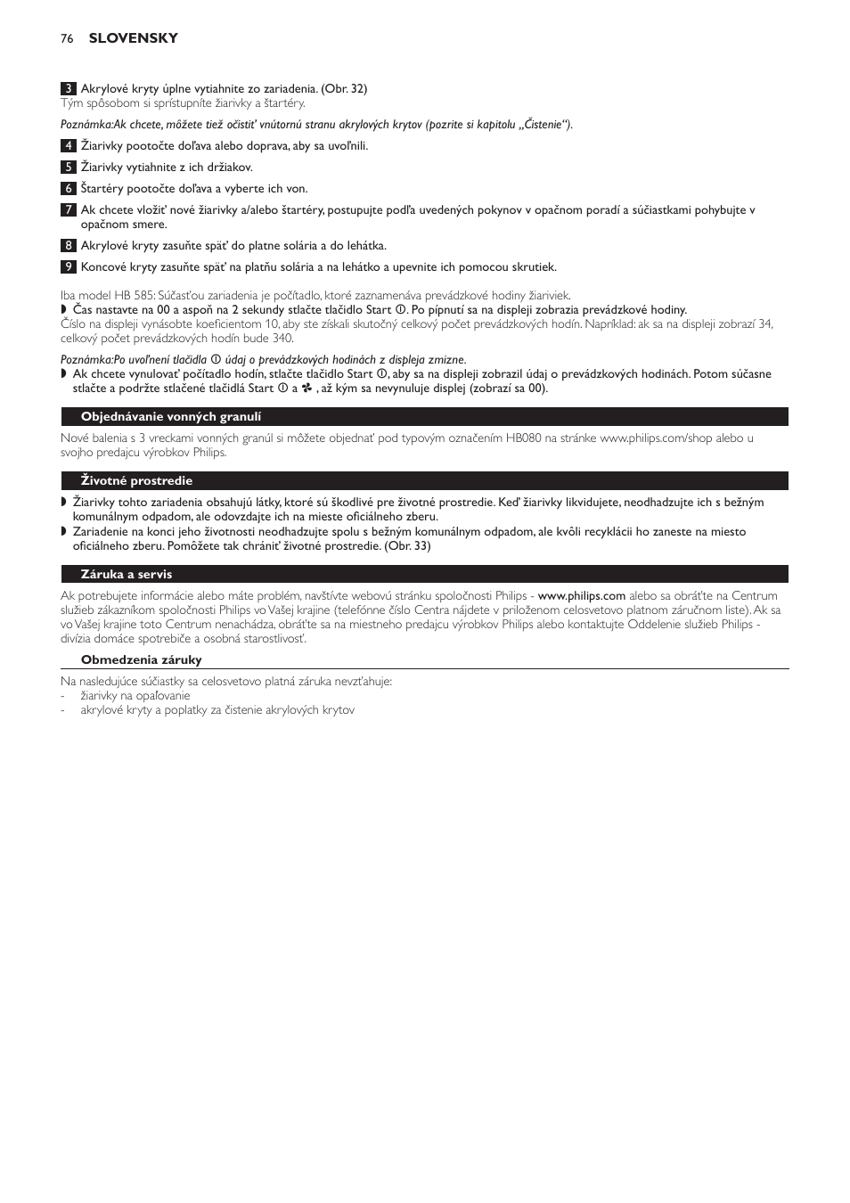 Objednávanie vonných granulí, Životné prostredie, Záruka a servis | Obmedzenia záruky, Často kladené otázky | Philips HB584 User Manual | Page 76 / 96