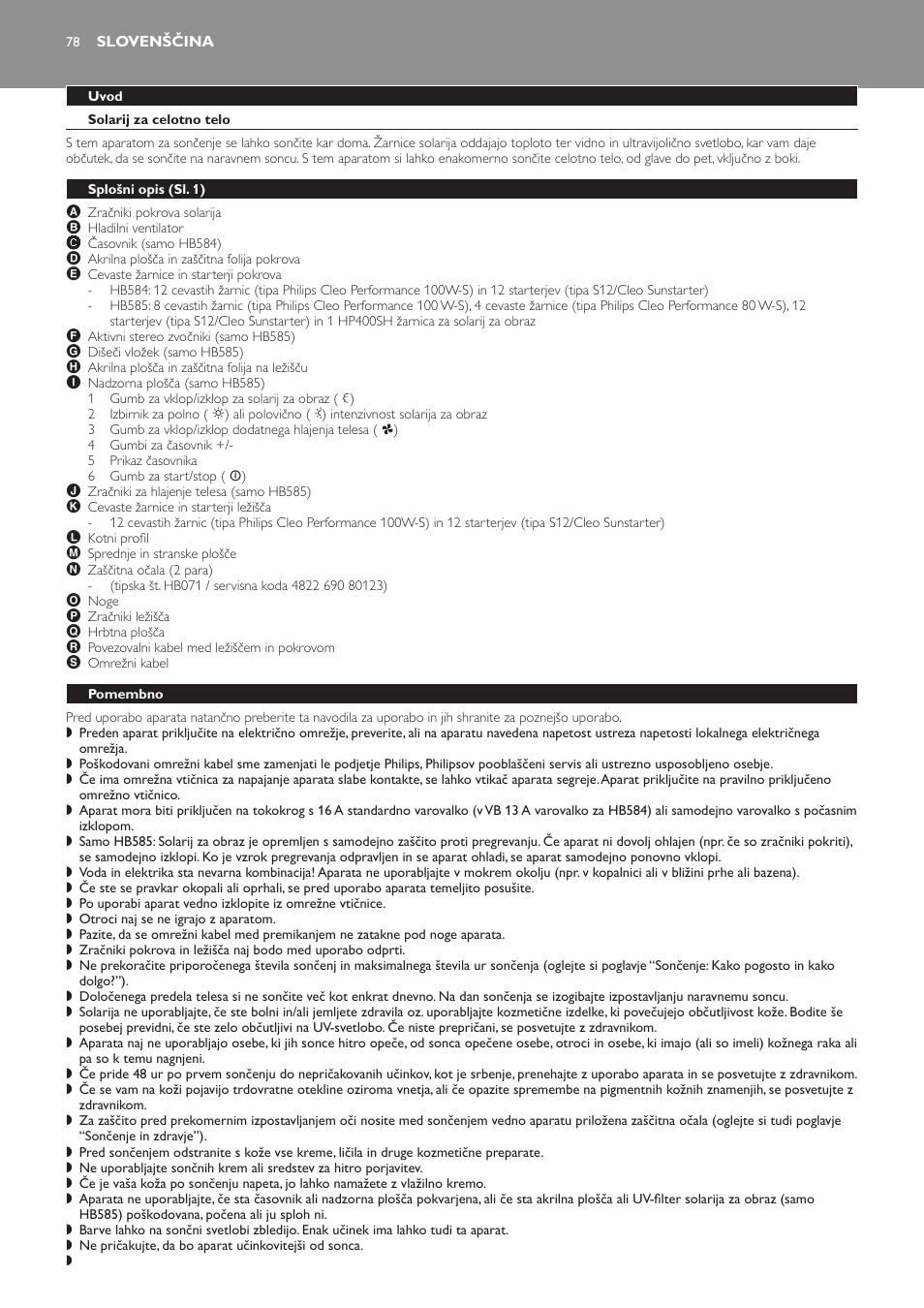 Slovenščina, Uvod, Solarij za celotno telo | Splošni opis﻿ (sl. 1), Pomembno | Philips HB584 User Manual | Page 78 / 96
