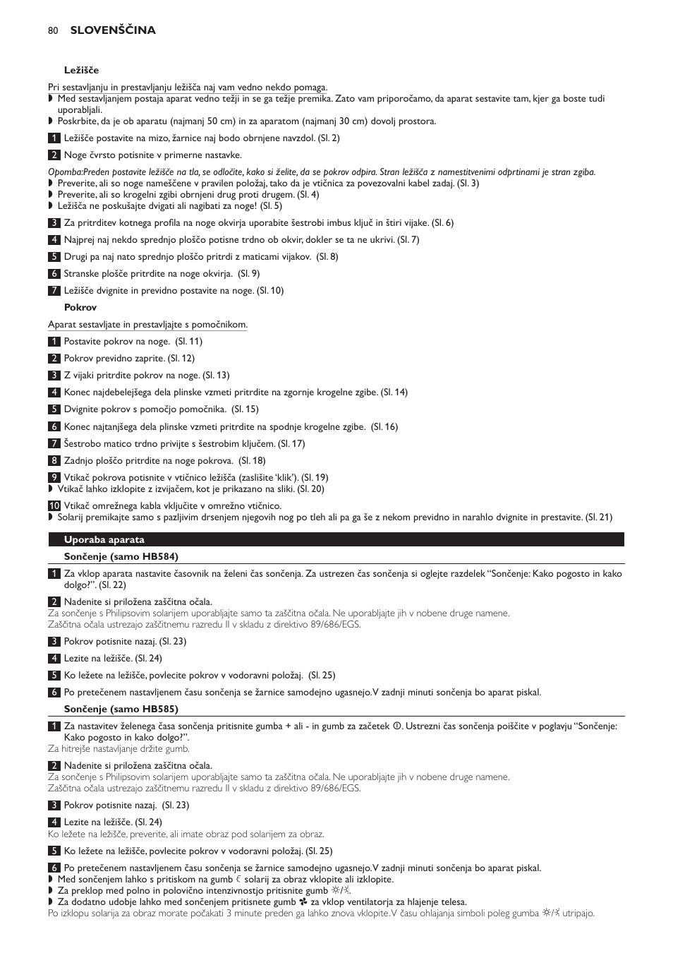 Pokrov, Uporaba aparata, Sončenje (samo hb584) | Sončenje (samo hb585), Naravne dišave (samo hb585) | Philips HB584 User Manual | Page 80 / 96