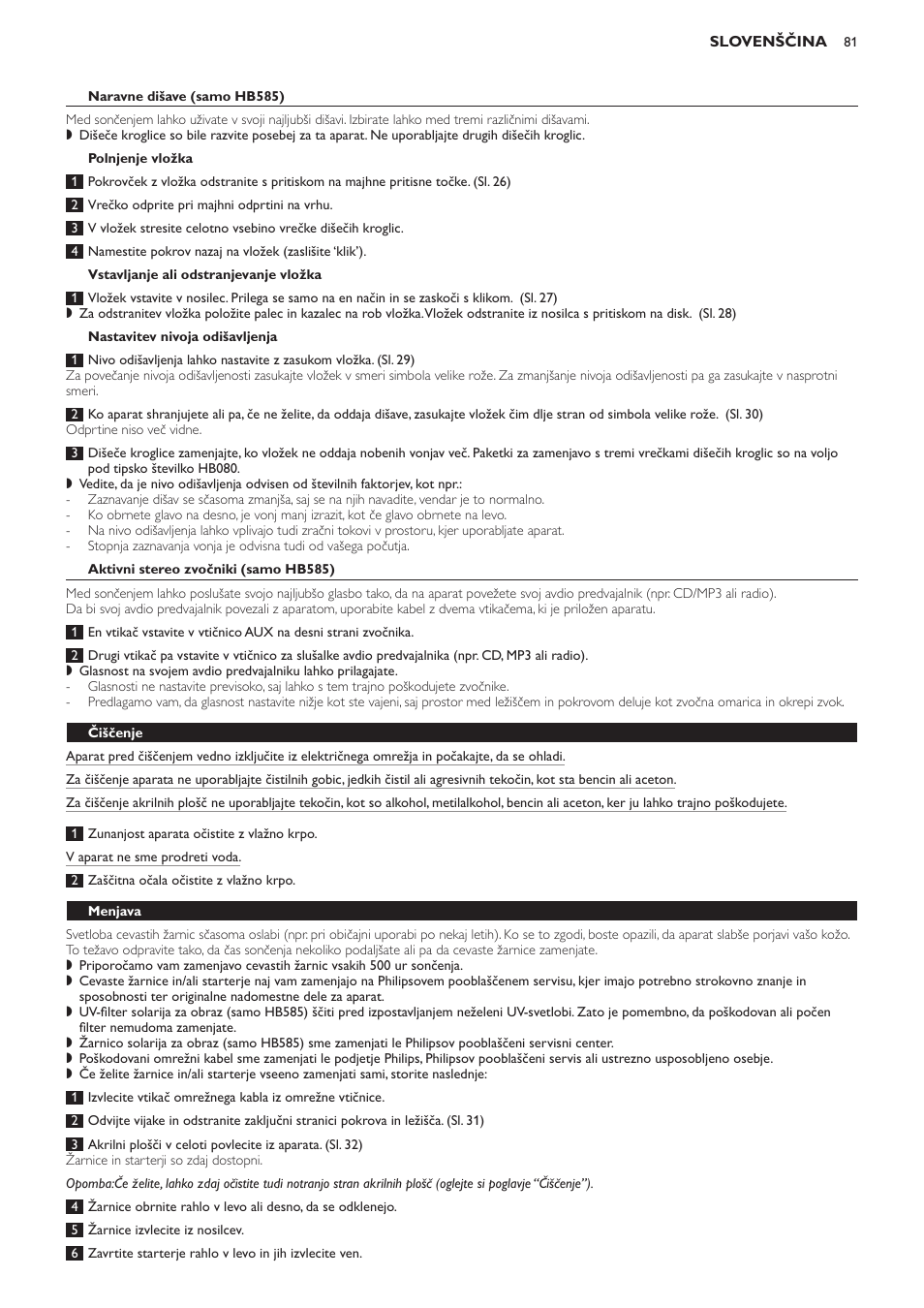 Polnjenje vložka, Vstavljanje ali odstranjevanje vložka, Nastavitev nivoja odišavljenja | Aktivni stereo zvočniki (samo hb585), Čiščenje, Menjava | Philips HB584 User Manual | Page 81 / 96