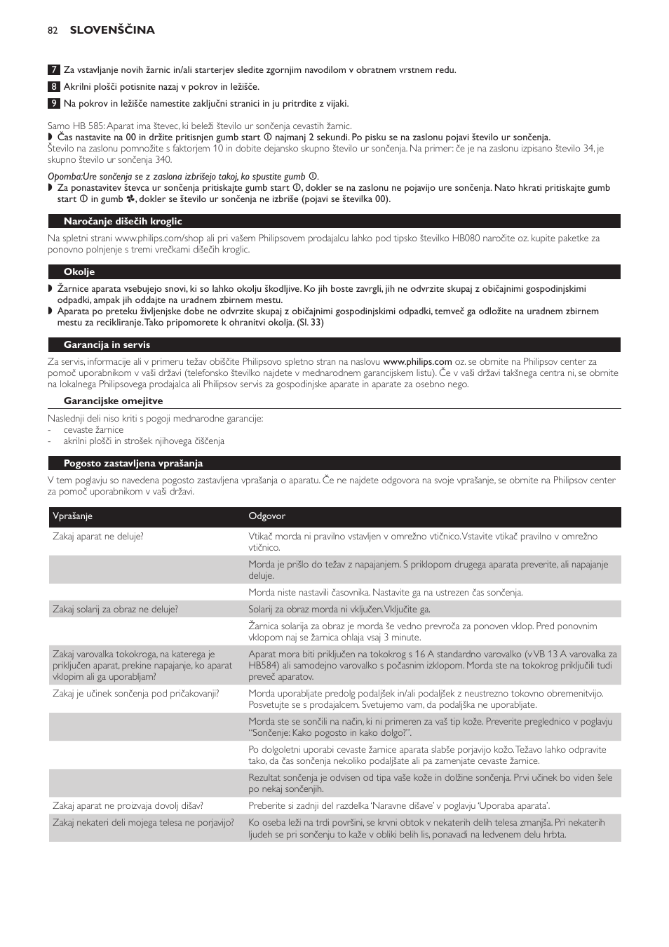 Naročanje dišečih kroglic, Okolje, Garancija in servis | Garancijske omejitve, Pogosto zastavljena vprašanja | Philips HB584 User Manual | Page 82 / 96
