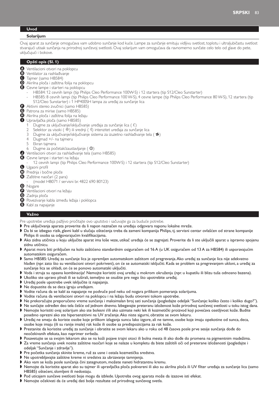 Srpski, Uvod, Solarijum | Opšti opis﻿ (sl. 1), Važno | Philips HB584 User Manual | Page 83 / 96