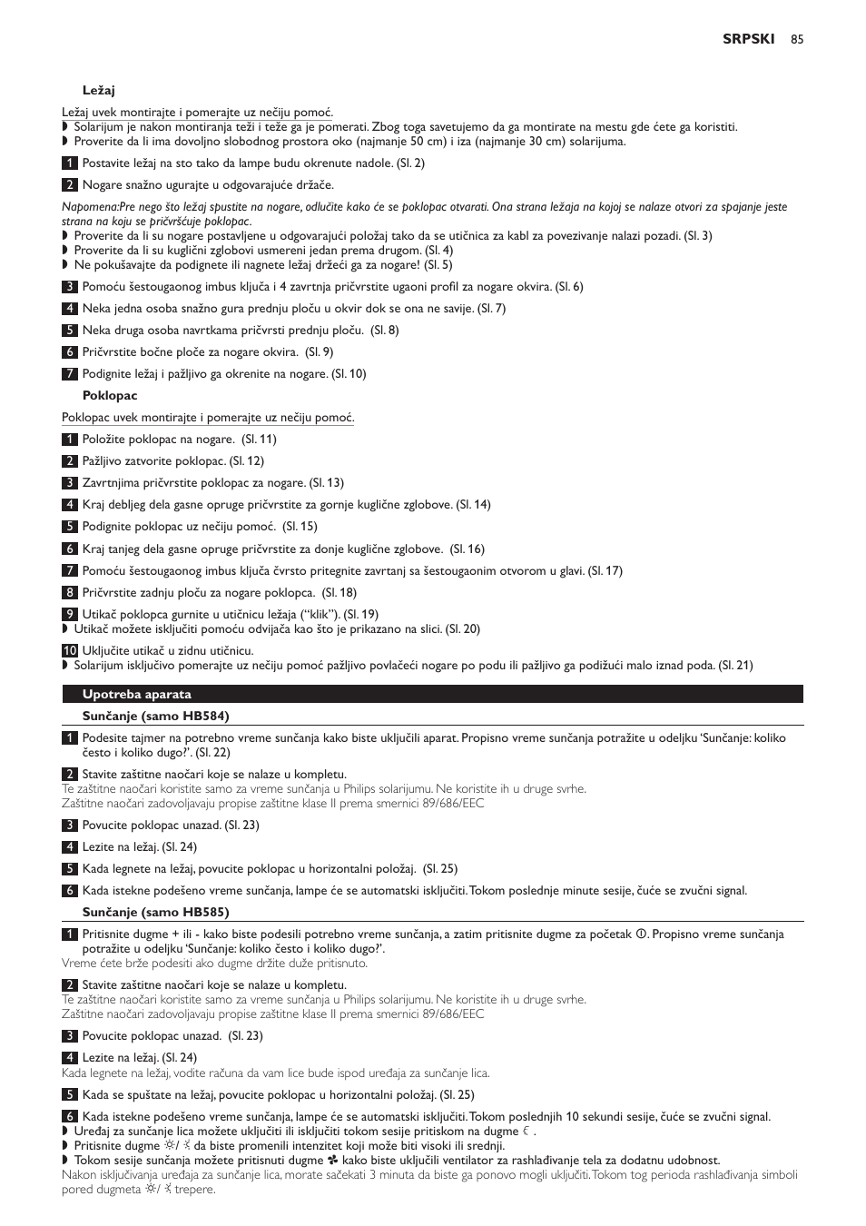 Ležaj, Poklopac, Upotreba aparata | Sunčanje (samo hb584), Sunčanje (samo hb585) | Philips HB584 User Manual | Page 85 / 96