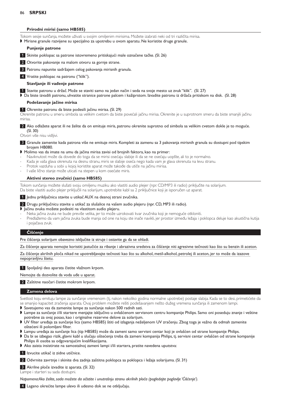 Prirodni mirisi (samo hb585), Punjenje patrone, Stavljanje ili vađenje patrone | Podešavanje jačine mirisa, Aktivni stereo zvučnici (samo hb585), Čišćenje, Zamena delova | Philips HB584 User Manual | Page 86 / 96