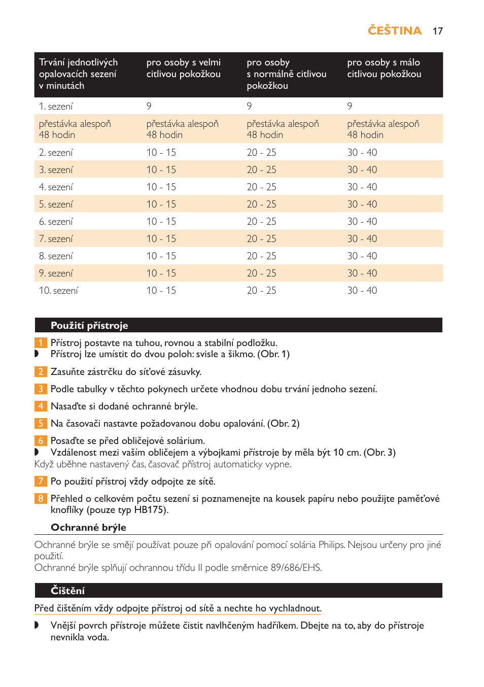 Použití přístroje, Ochranné brýle, Čištění | Philips HB179 User Manual | Page 17 / 76