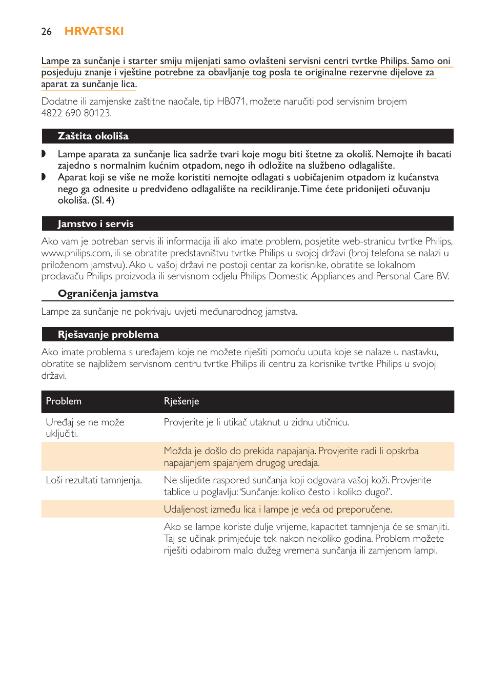 Zaštita okoliša, Jamstvo i servis, Ograničenja jamstva | Rješavanje problema | Philips HB179 User Manual | Page 26 / 76