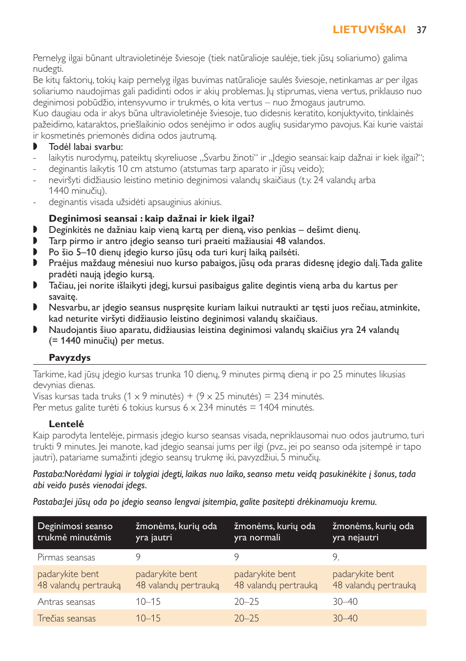 Deginimosi seansai : kaip dažnai ir kiek ilgai, Pavyzdys, Lentelė | Philips HB179 User Manual | Page 37 / 76