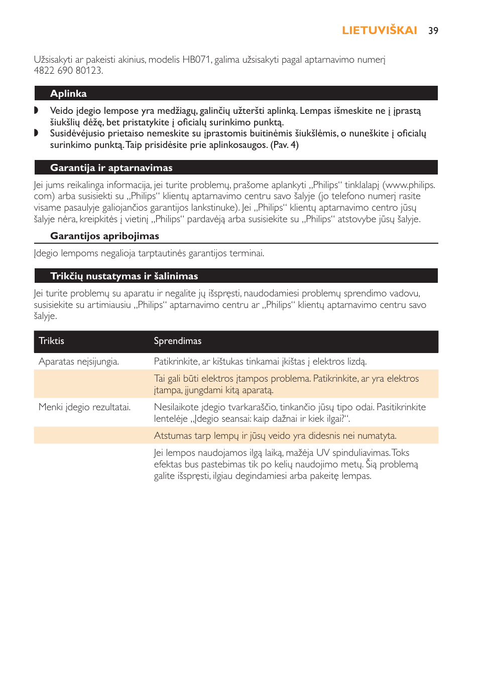 Aplinka, Garantija ir aptarnavimas, Garantijos apribojimas | Trikčių nustatymas ir šalinimas | Philips HB179 User Manual | Page 39 / 76