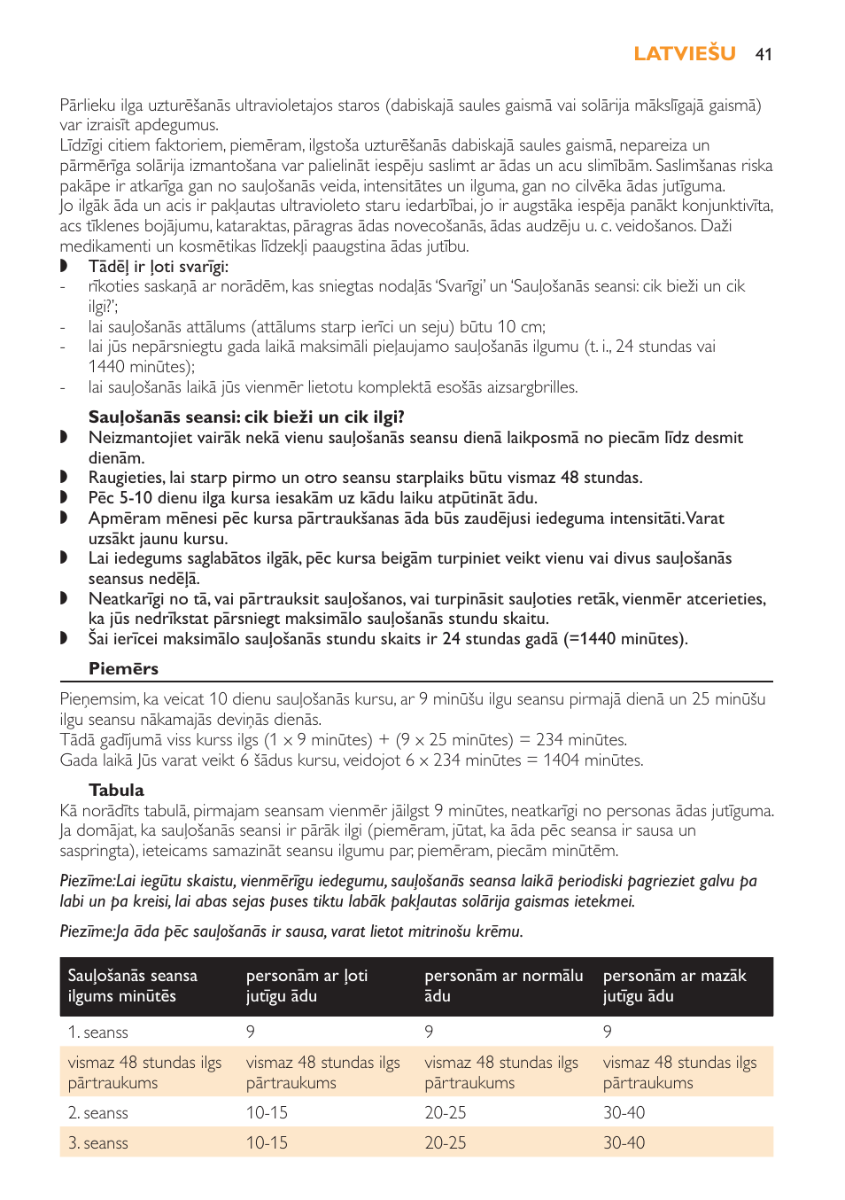 Sauļošanās seansi: cik bieži un cik ilgi, Piemērs, Tabula | Philips HB179 User Manual | Page 41 / 76