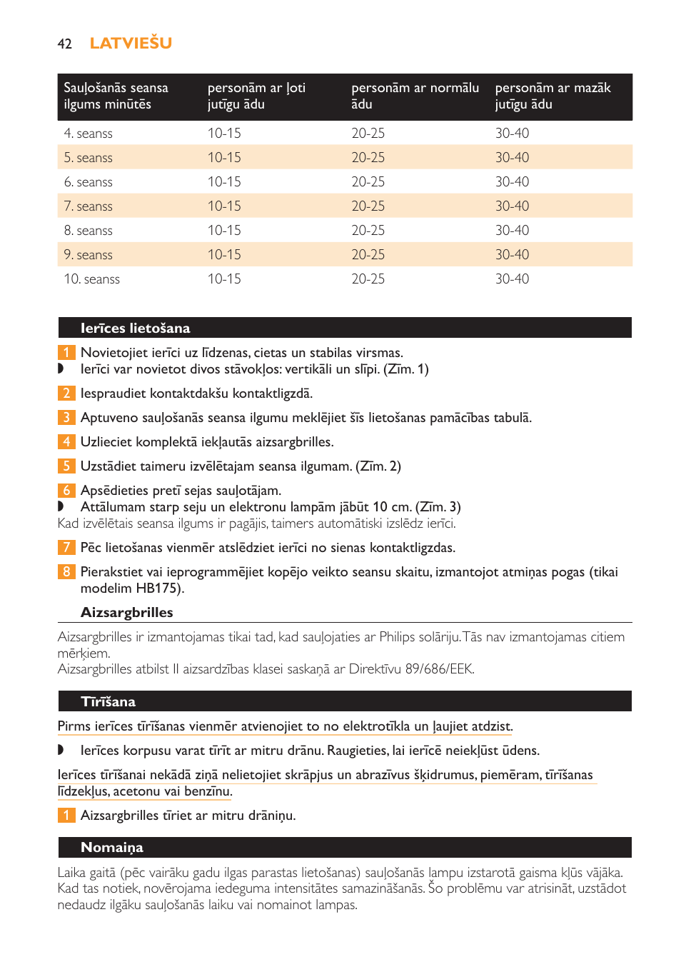 Ierīces lietošana, Aizsargbrilles, Tīrīšana | Nomaiņa | Philips HB179 User Manual | Page 42 / 76