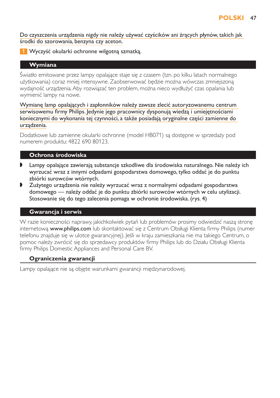 Wymiana, Ochrona środowiska, Gwarancja i serwis | Ograniczenia gwarancji, Rozwiązywanie problemów | Philips HB179 User Manual | Page 47 / 76