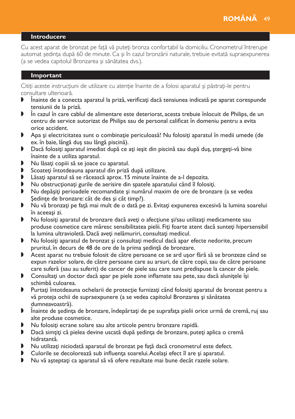 Română, Introducere, Important | Bronzarea şi sănătatea dvs, Soarele, uv şi bronzarea, Soarele | Philips HB179 User Manual | Page 49 / 76