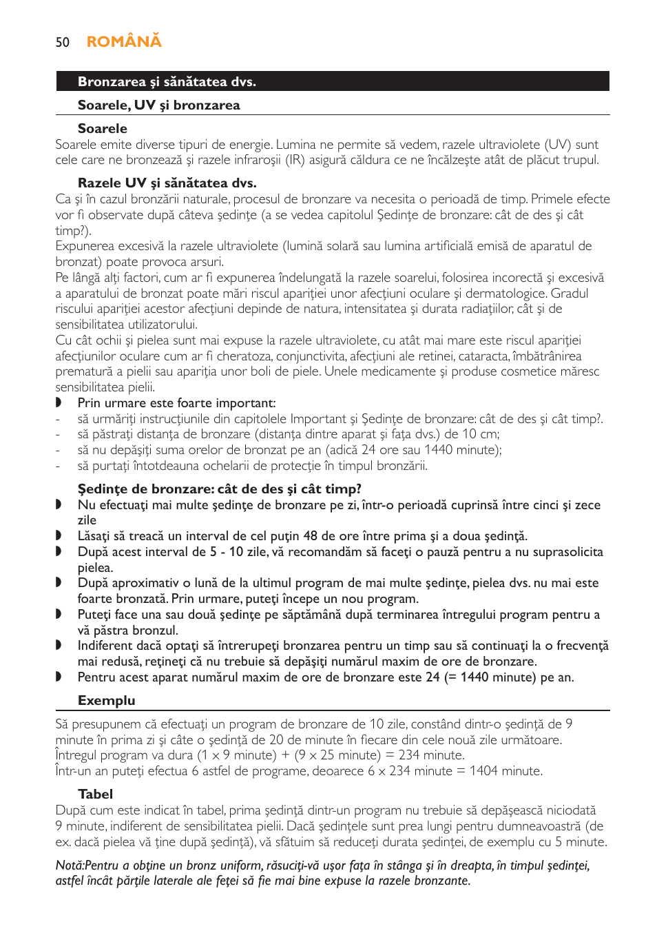 Razele uv şi sănătatea dvs, Şedinţe de bronzare: cât de des şi cât timp, Exemplu | Tabel | Philips HB179 User Manual | Page 50 / 76