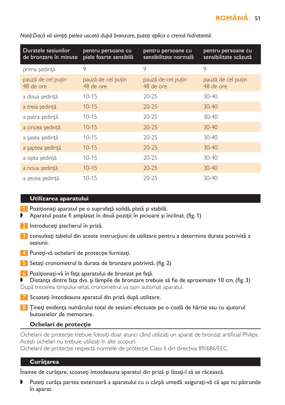 Utilizarea aparatului, Ochelari de protecţie, Curăţarea | Philips HB179 User Manual | Page 51 / 76