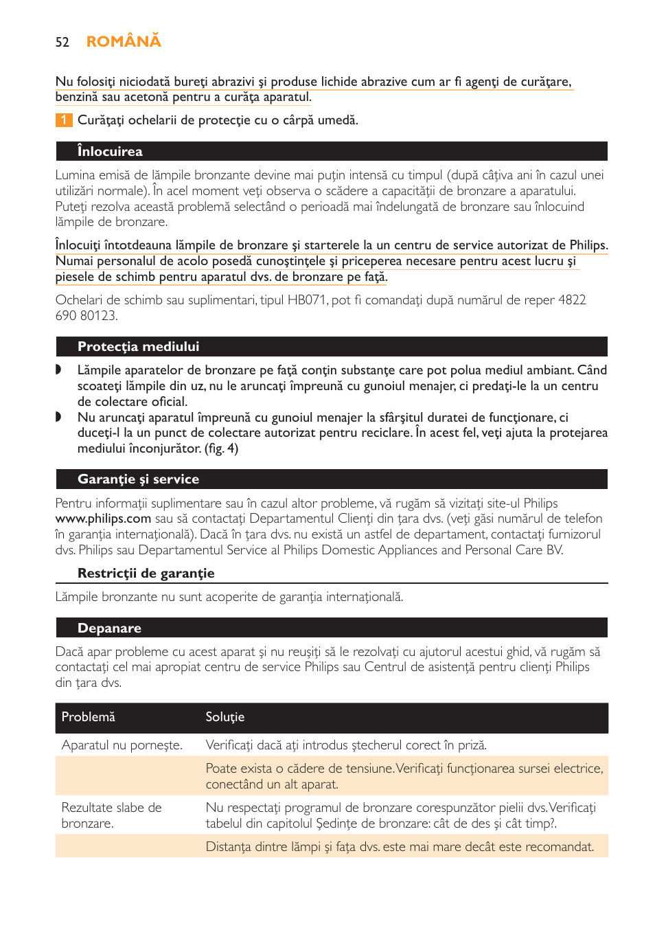 Înlocuirea, Protecţia mediului, Garanţie şi service | Restricţii de garanţie, Depanare | Philips HB179 User Manual | Page 52 / 76