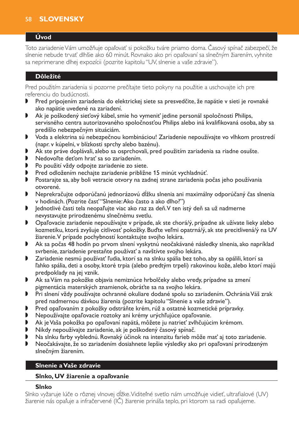 Slovensky, Úvod, Dôležité | Slnenie a vaše zdravie, Slnko, uv žiarenie a opaľovanie, Slnko | Philips HB179 User Manual | Page 58 / 76