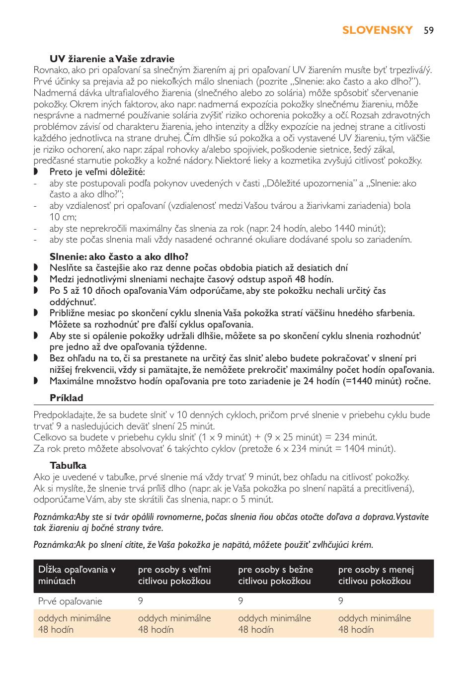 Uv žiarenie a vaše zdravie, Slnenie: ako často a ako dlho, Príklad | Tabuľka | Philips HB179 User Manual | Page 59 / 76