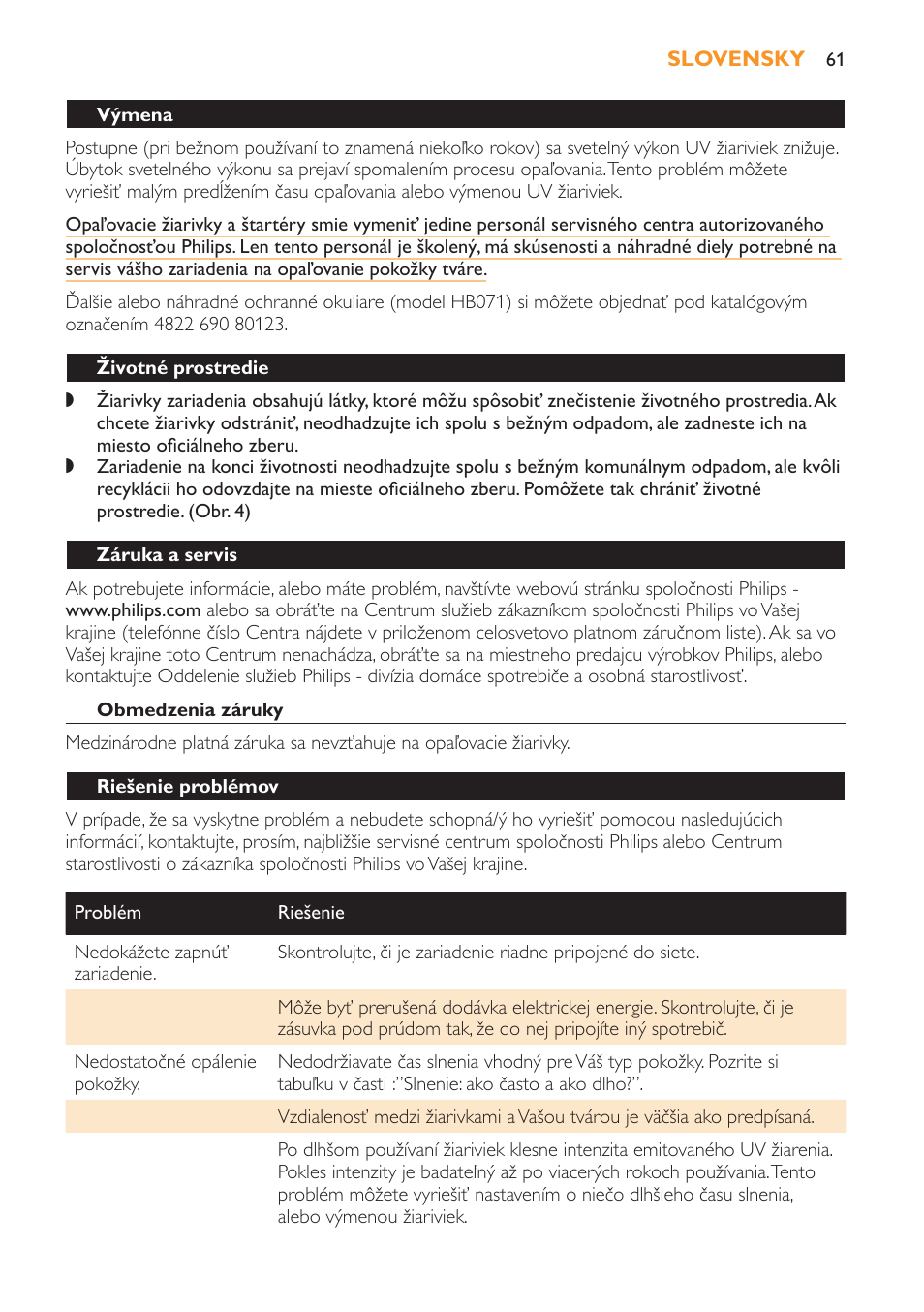 Výmena, Životné prostredie, Záruka a servis | Obmedzenia záruky, Riešenie problémov | Philips HB179 User Manual | Page 61 / 76