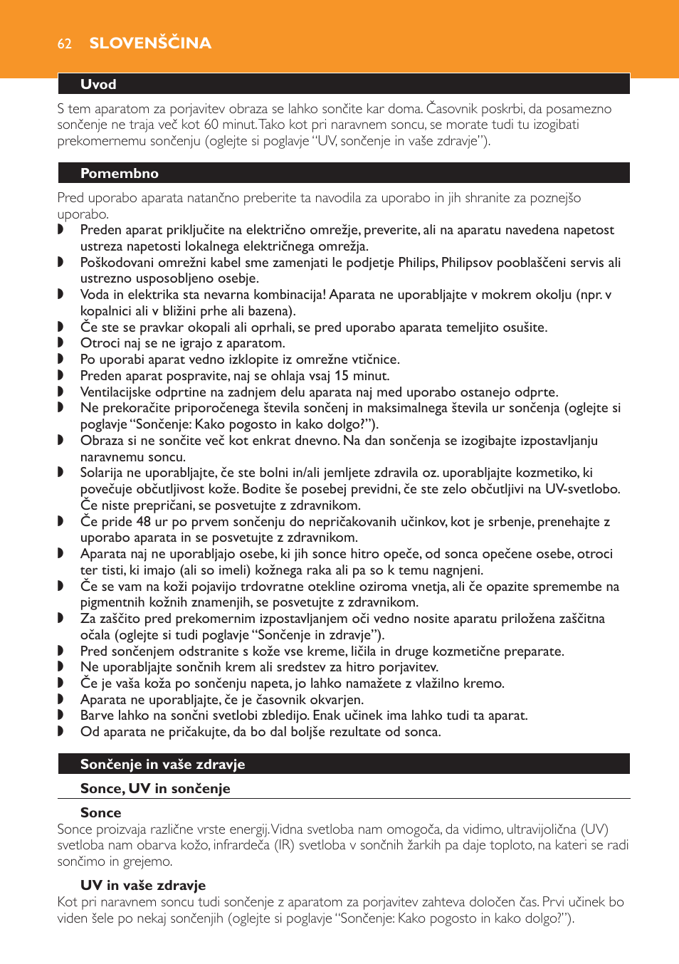 Slovenščina, Uvod, Pomembno | Sončenje in vaše zdravje, Sonce, uv in sončenje, Sonce, Uv in vaše zdravje | Philips HB179 User Manual | Page 62 / 76