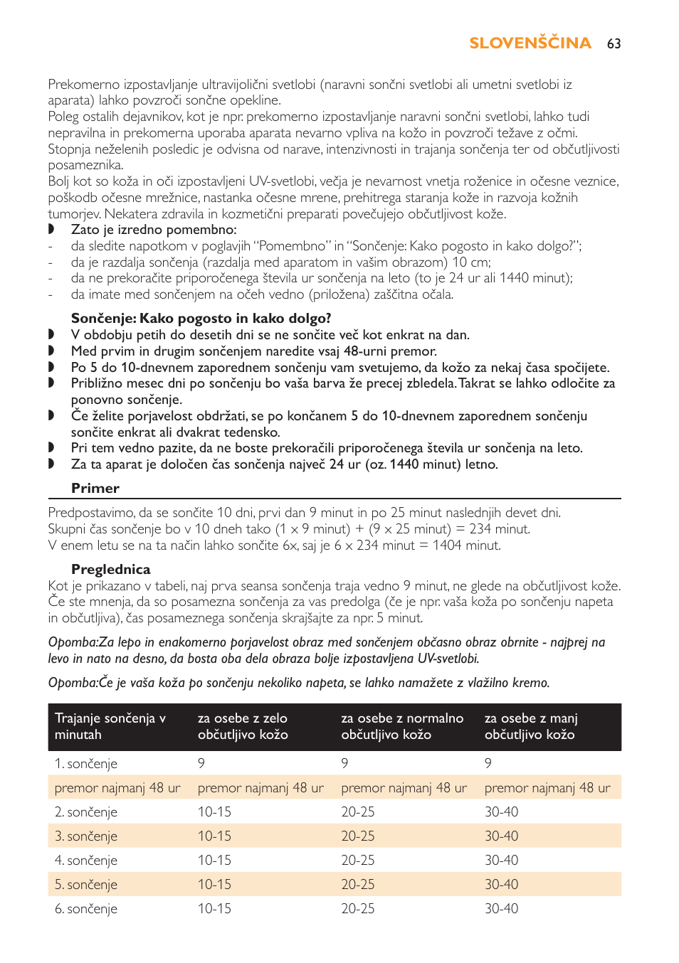 Sončenje: kako pogosto in kako dolgo, Primer, Preglednica | Philips HB179 User Manual | Page 63 / 76