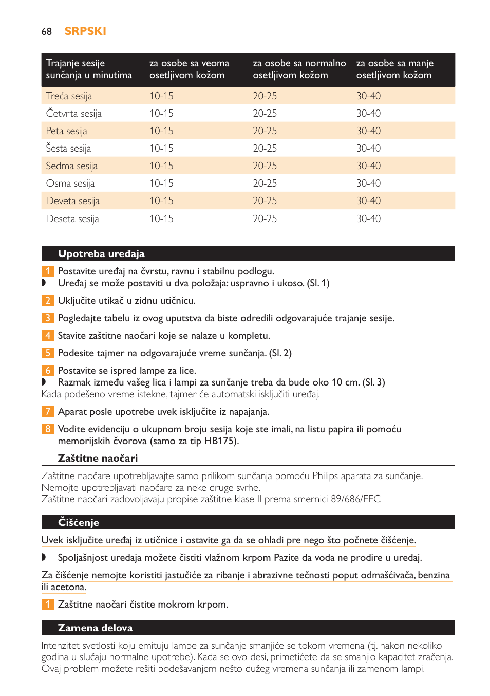 Upotreba uređaja, Zaštitne naočari, Čišćenje | Zamena delova | Philips HB179 User Manual | Page 68 / 76