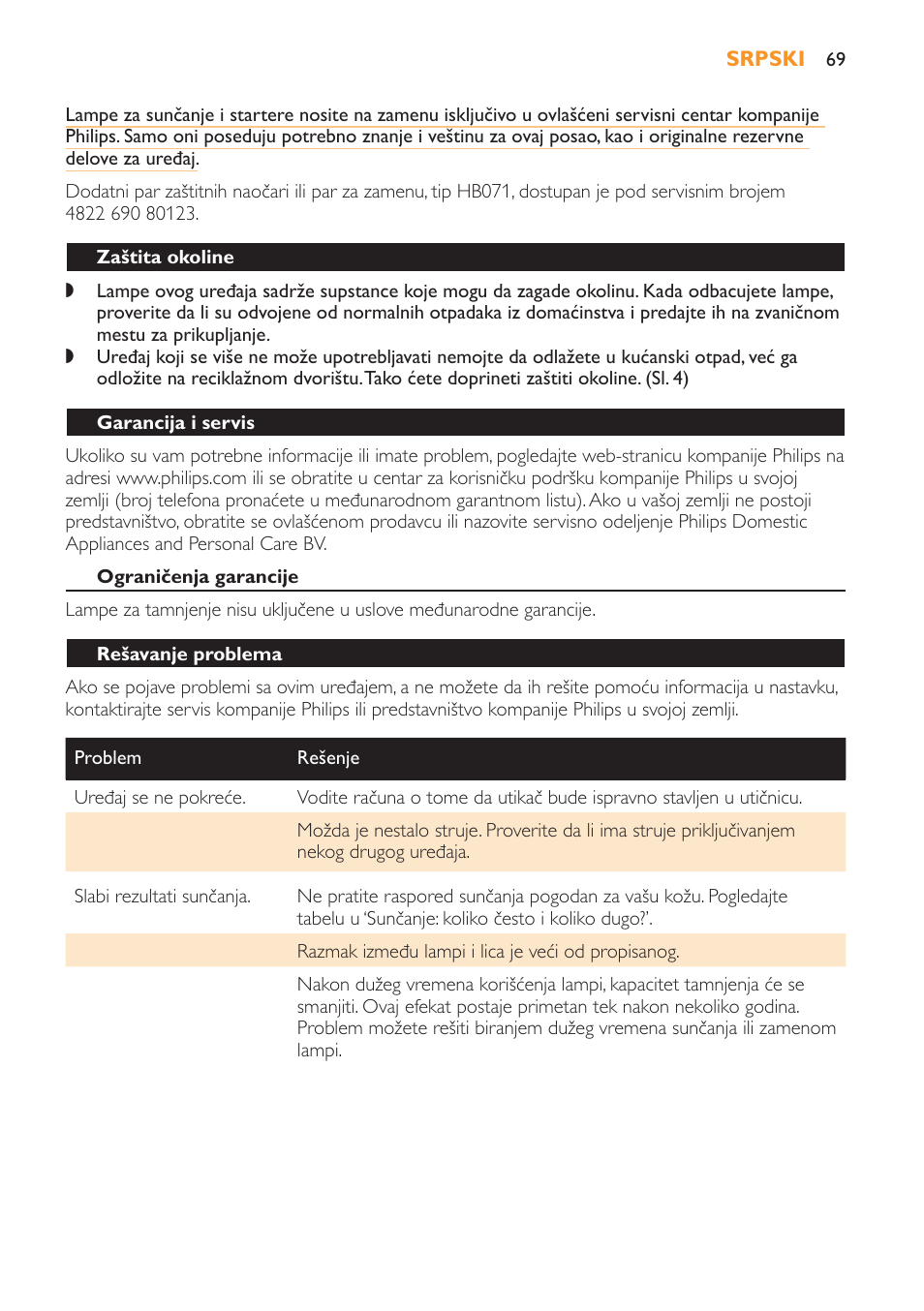 Zaštita okoline, Garancija i servis, Ograničenja garancije | Rešavanje problema | Philips HB179 User Manual | Page 69 / 76