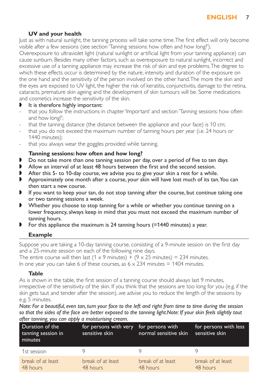 Tanning sessions: how often and how long, Example, Table | Philips HB179 User Manual | Page 7 / 76
