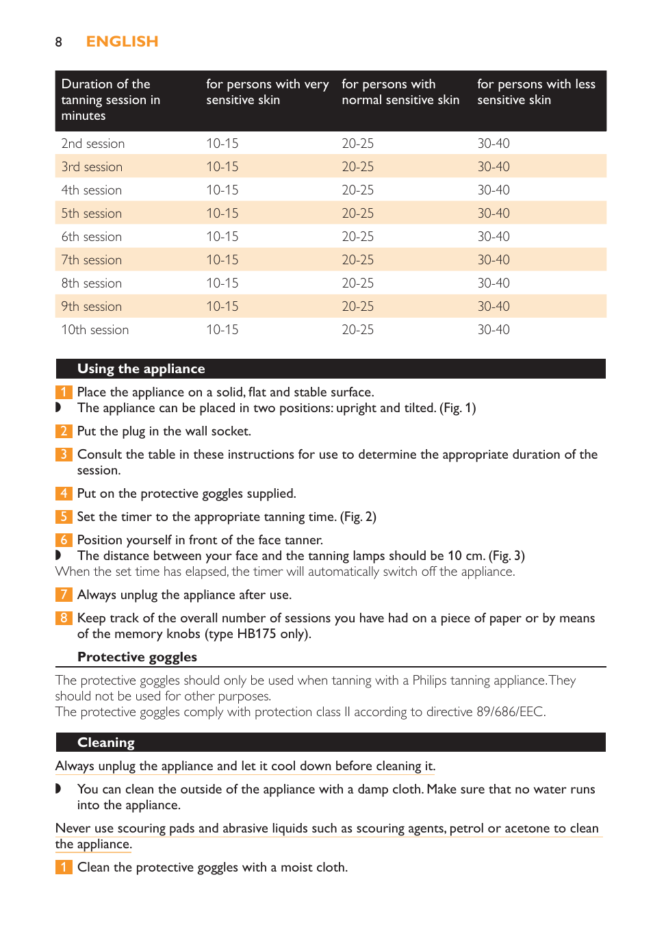 Using the appliance, Protective goggles, Cleaning | Philips HB179 User Manual | Page 8 / 76