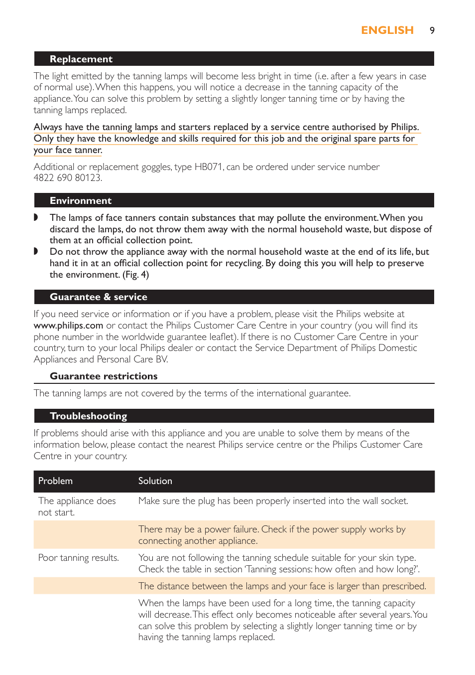 Replacement, Environment, Guarantee & service | Guarantee restrictions, Troubleshooting | Philips HB179 User Manual | Page 9 / 76