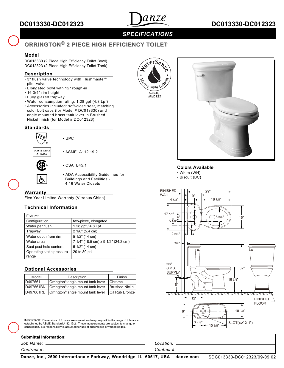 Danze DC013330-DC012323 - Spec Sheets User Manual | 1 page